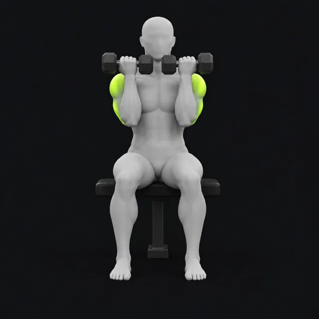 Arnold press, dumbbells in front of the shoulders with palms facing in